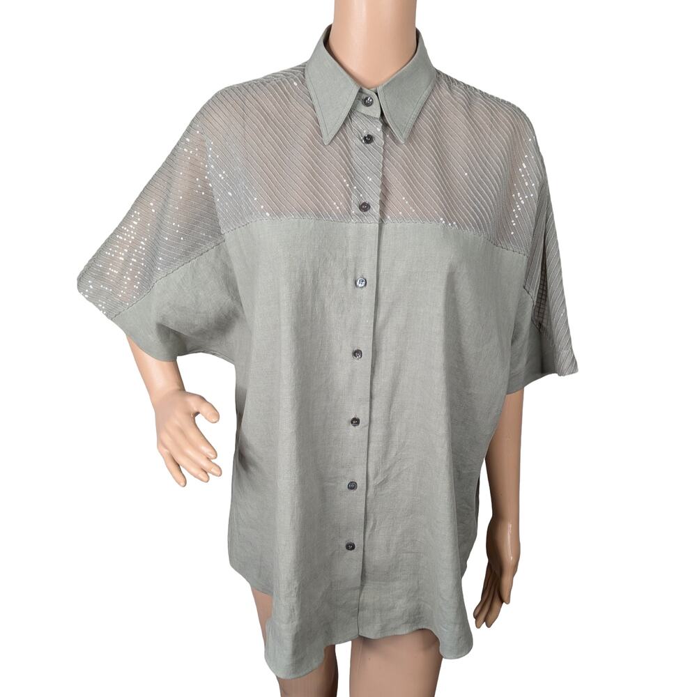 Brunello Cucinelli Linen Shirt S NWT Thyme Green Sequin Sheer Quiet Luxury Italy
